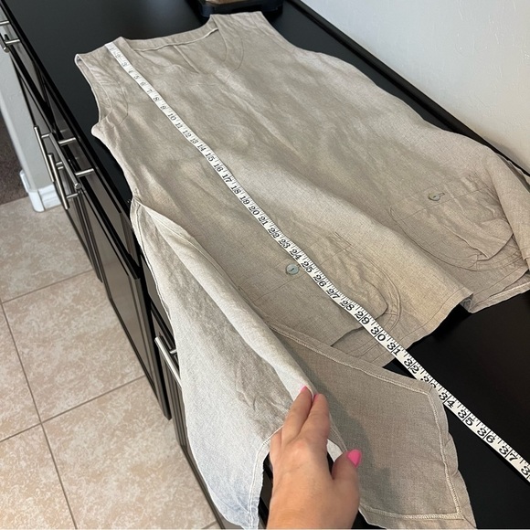 Boutique Linen tunic top Lagenlook asymmetric , pockets, sleeveless, tan, sz M - Picture 6 of 8